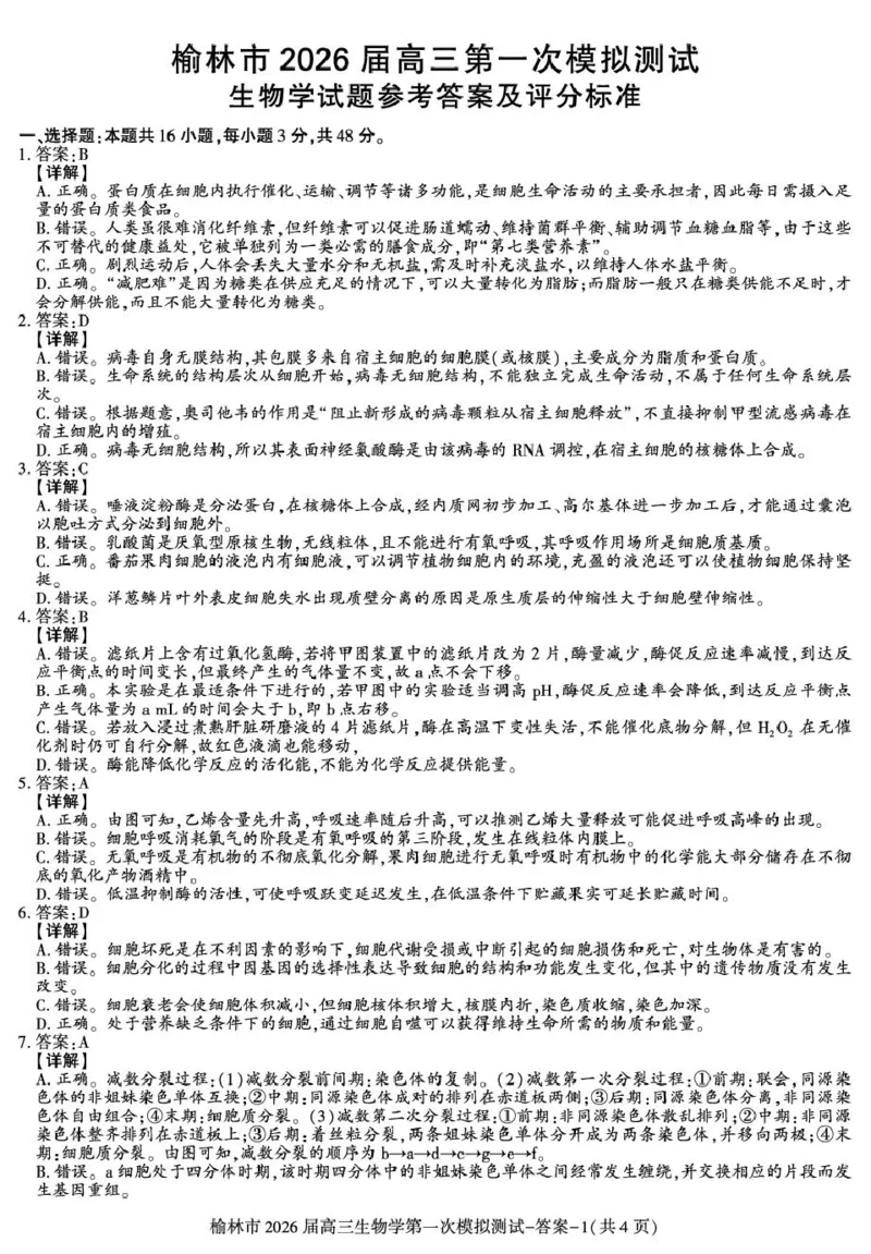 陕西省榆林市2026届高三上学期第一次模拟测试生物试卷（含解析）_251119陕西省榆林市2026届高三上学期第一次模拟测试（全科）