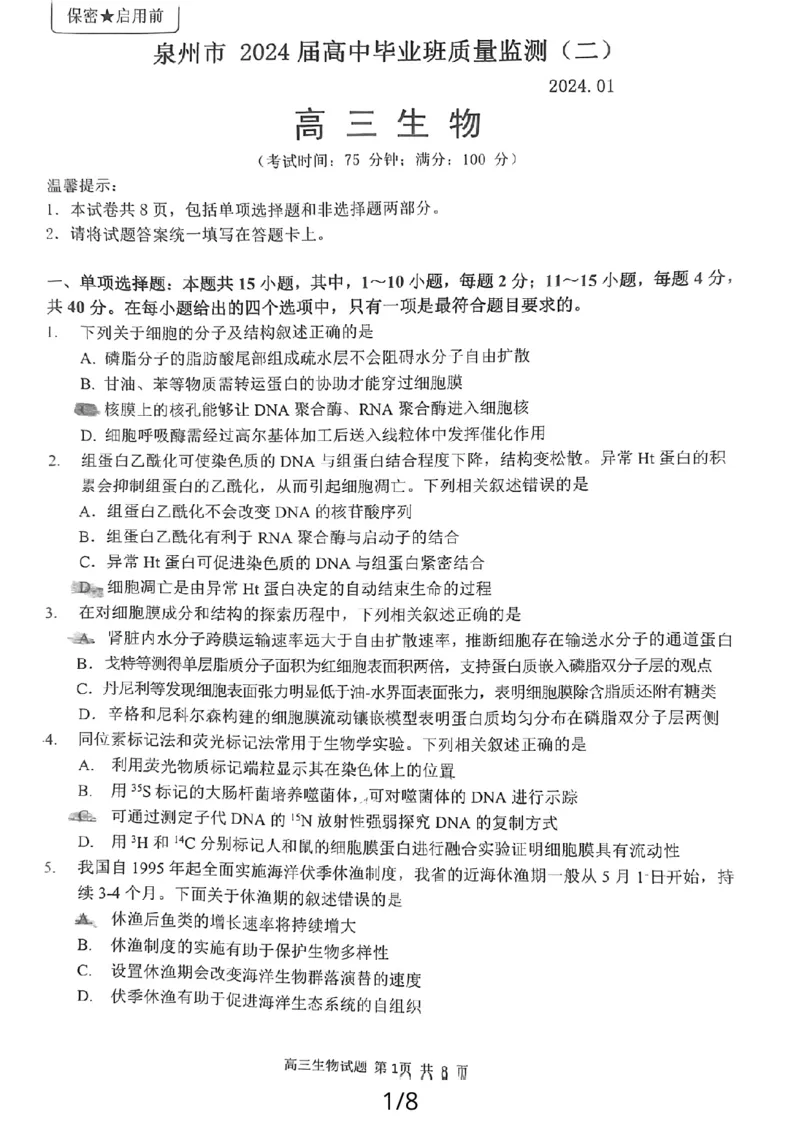 24届泉州高中毕业班第二次市质检生物试卷_2024届福建省泉州市高中高三上学期毕业班质量监测（二）_2024届福建省泉州市高中高三上学期毕业班质量监测（二）生物