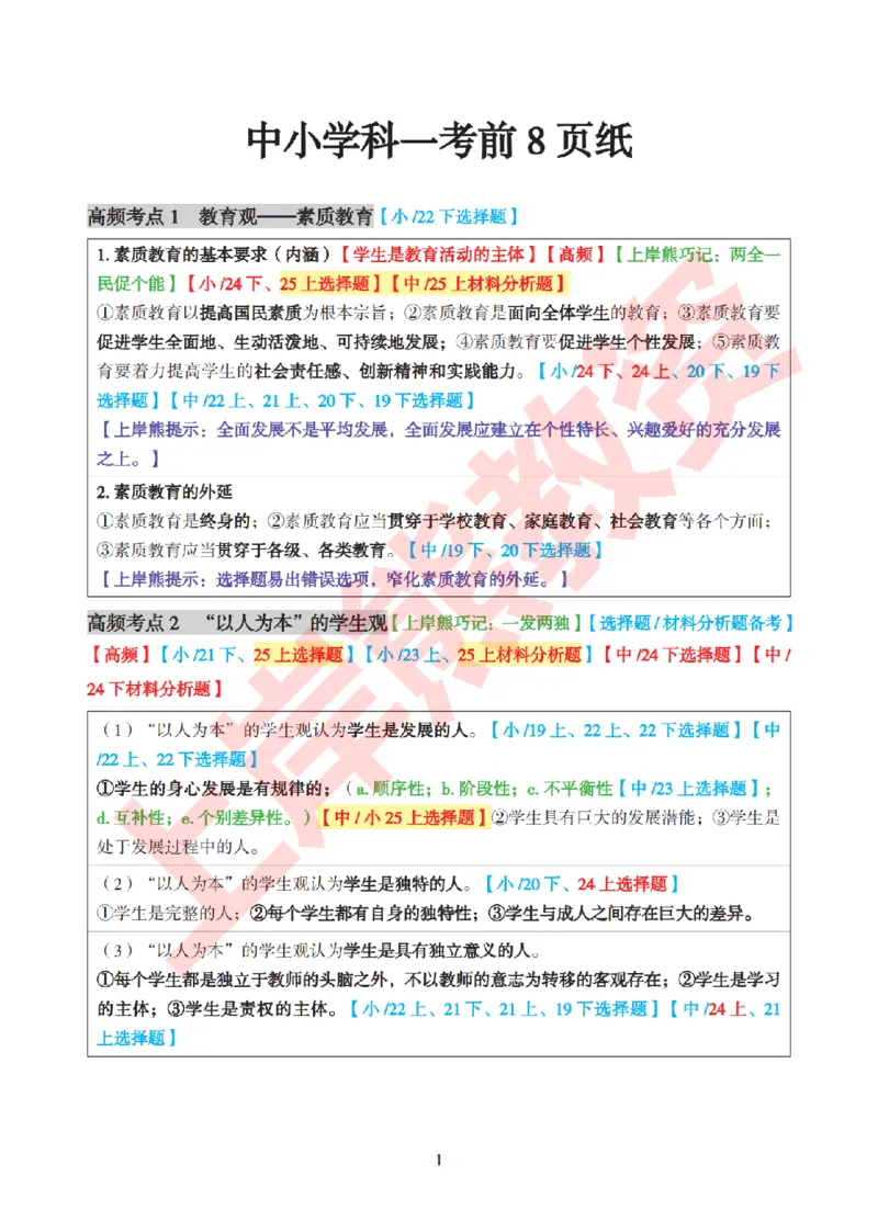 考前8页纸-中小学综合素质_4-教培资料-26年最新资料-同步更新_初中高中教资_2025下中学教资笔试_中学冲刺急救包_上岸熊25下教资笔试：最新考前8页纸