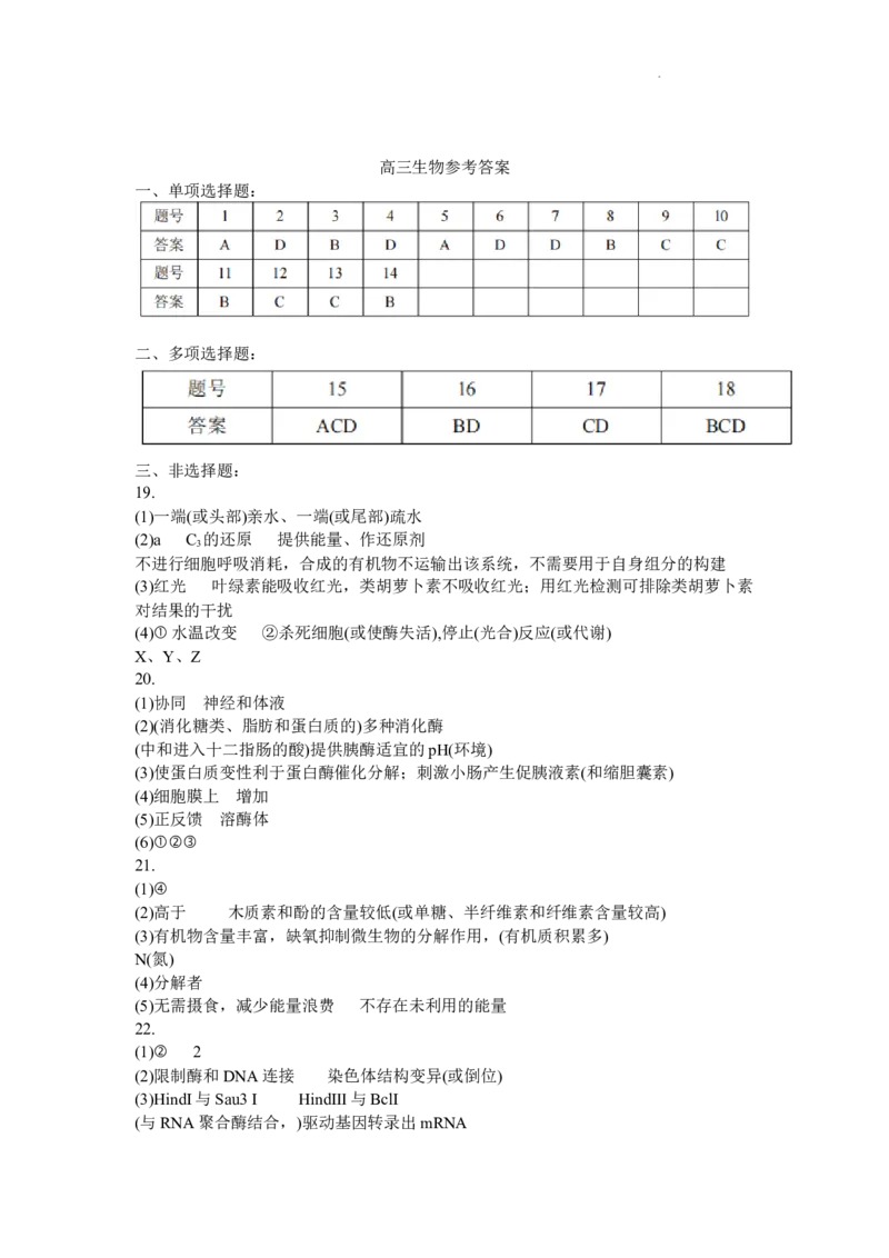 江苏省苏州市2024届高三上学期1月期末学业质量阳光指标调研生物_2024届江苏省苏州市高三上学期1月期末学业质量阳光指标调研