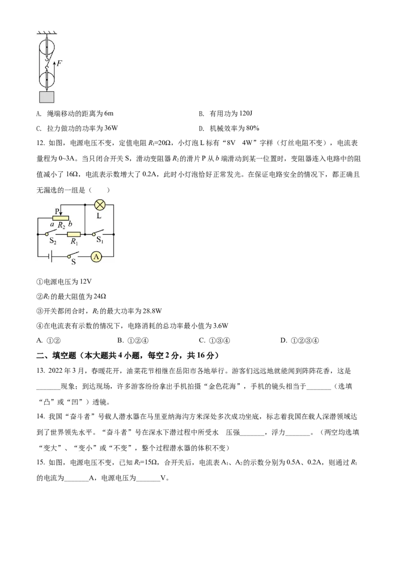精品解析：2022年湖南省岳阳市中考物理试题（原卷版）_中考真题_4.物理中考真题2015-2024年_2022中考物理真题128份14