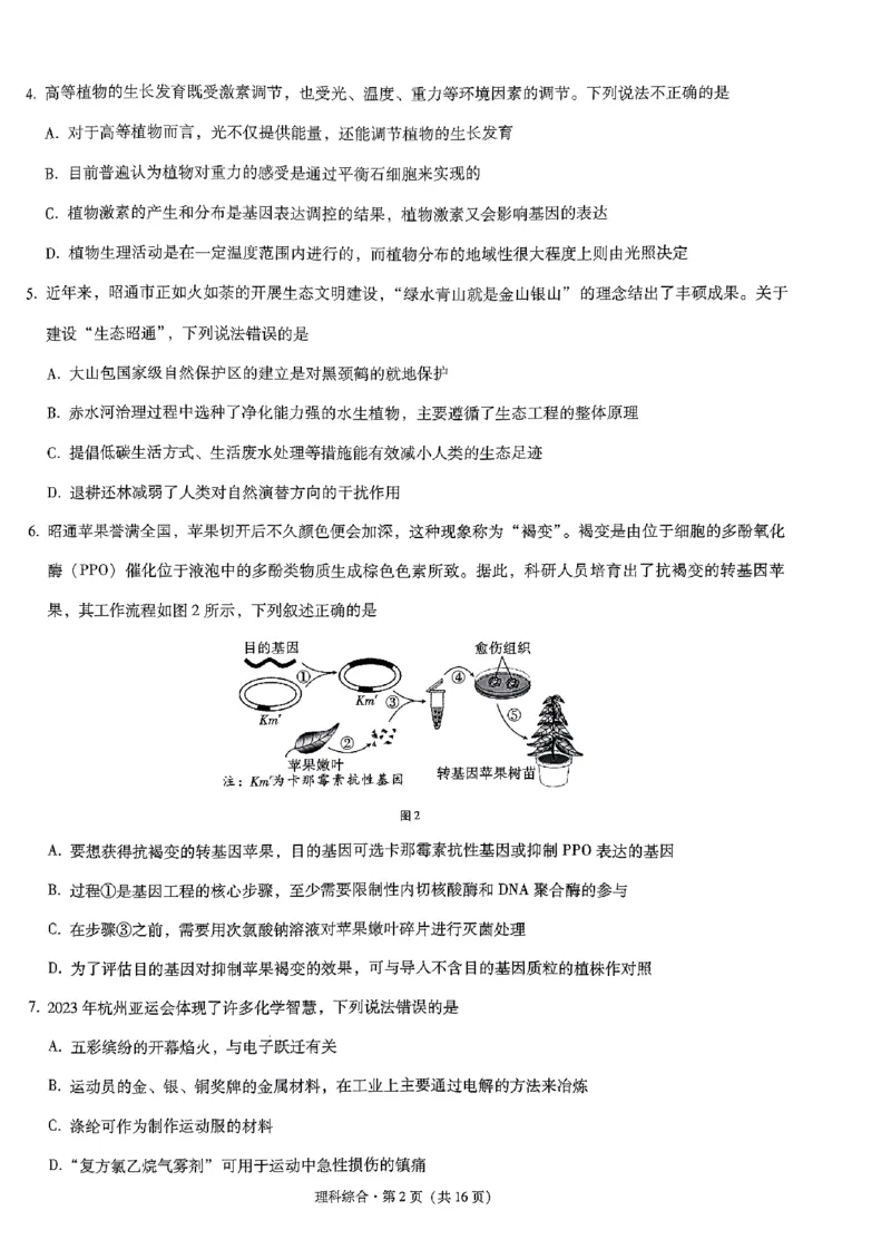 昭通市2024届理综试卷_2024届云南省昭通市高三上学期诊断性检测_2024届云南省昭通市高三上学期诊断性检测理综