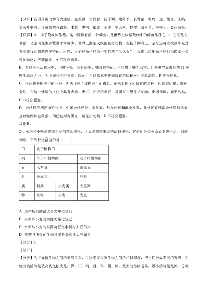 精品解析：2022年江苏省苏州市中考生物真题（解析版）_中考真题_8.生物中考真题2015-2024年_2022年全国中考生物114份14