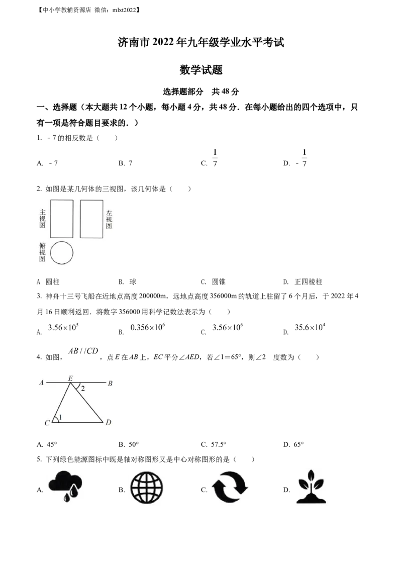精品解析：2022年山东省济南市中考数学真题（原卷版）_中考真题_2.数学中考真题2015-2024年_2022中考数学真题145份13