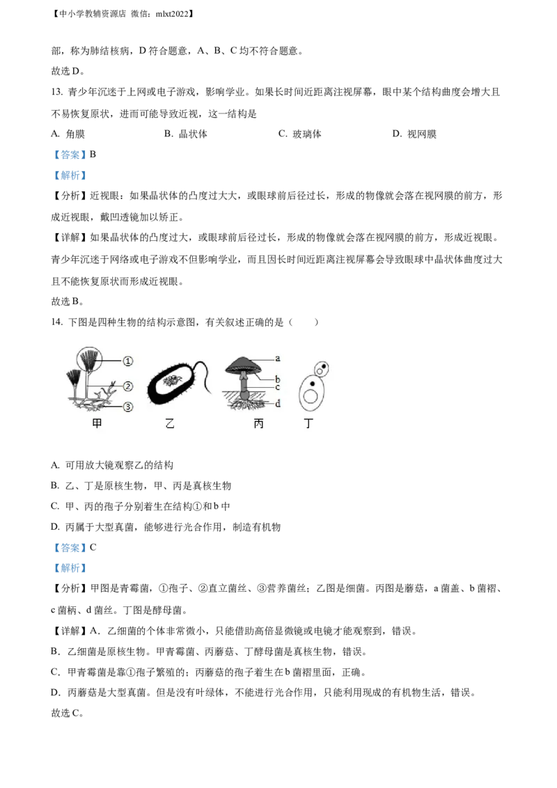 精品解析：2022年四川省资阳市中考生物真题（解析版）_中考真题_8.生物中考真题2015-2024年_2022年全国中考生物114份14