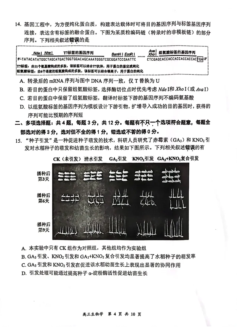 江苏省连云港市2023-2024学年高三第一次调研考试生物试题_2024届江苏省淮安市、连云港市高三上学期第一次调研考试（一模）