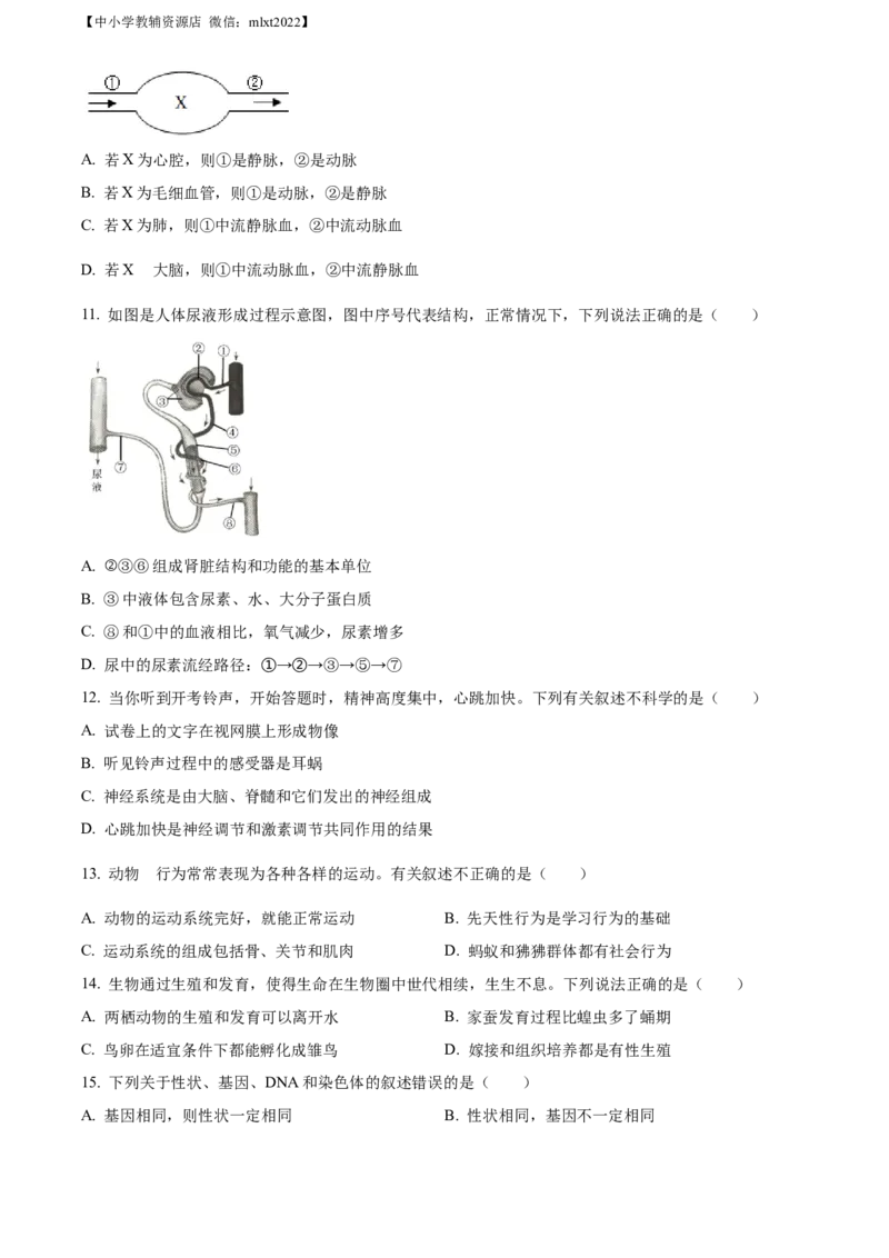 精品解析：2022年湖北省十堰市结业考试生物试题（原卷版）_中考真题_8.生物中考真题2015-2024年_2022年全国中考生物114份14