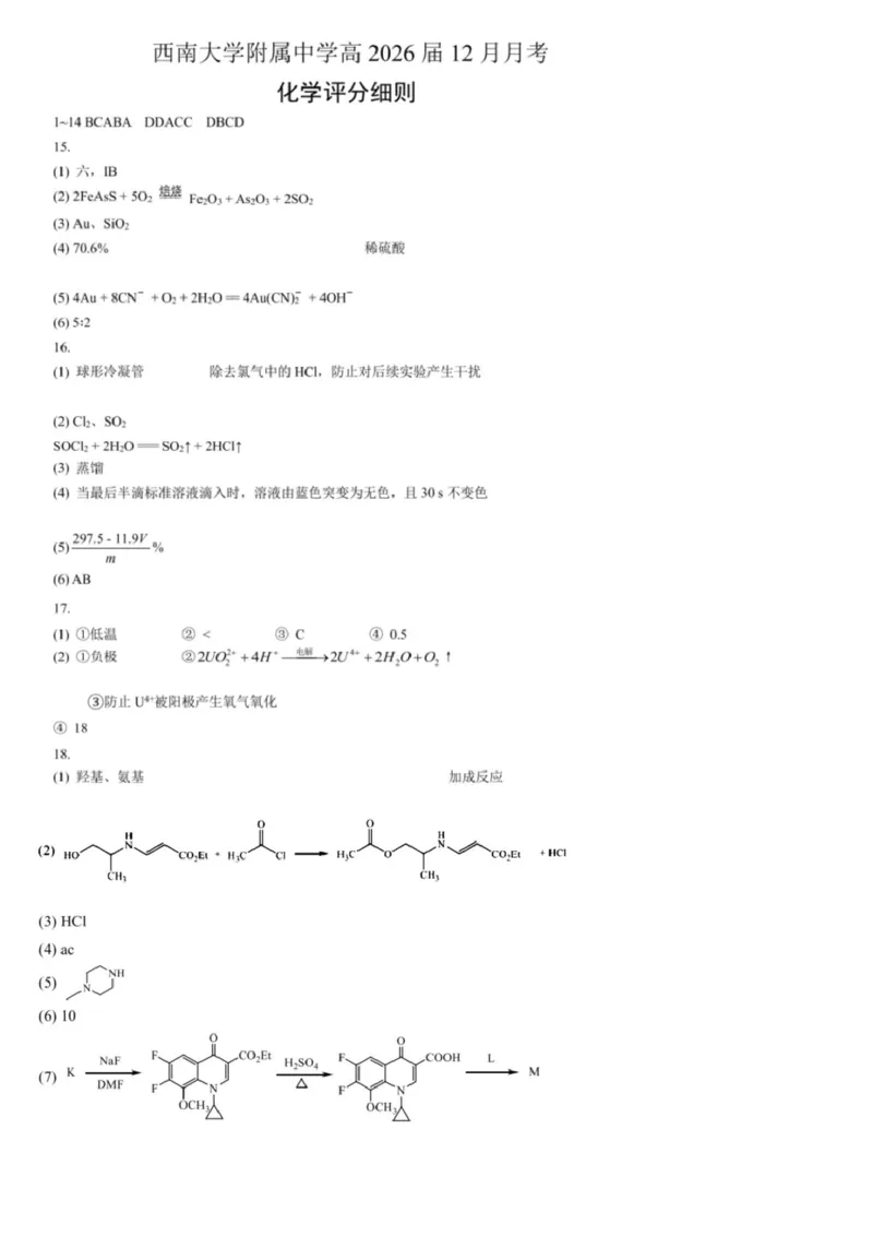 答案_2025年12月_251214重庆市西南大学附属中学校2025-2026学年高三上学期12月月考_重庆市西南大学附属中学校2025-2026学年高三上学期12月月考化学试题（含答案）