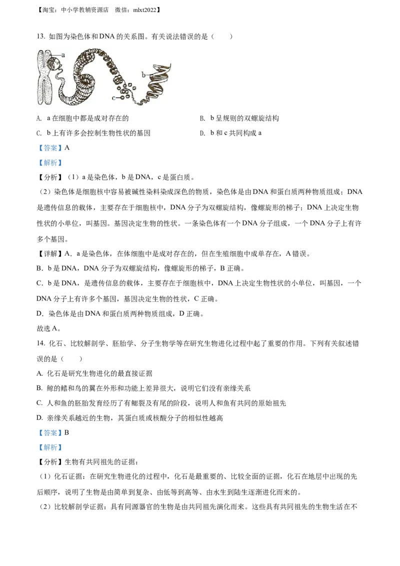 精品解析：2022年山东省菏泽市中考生物真题（解析版）_中考真题_8.生物中考真题2015-2024年_2022年全国中考生物114份14