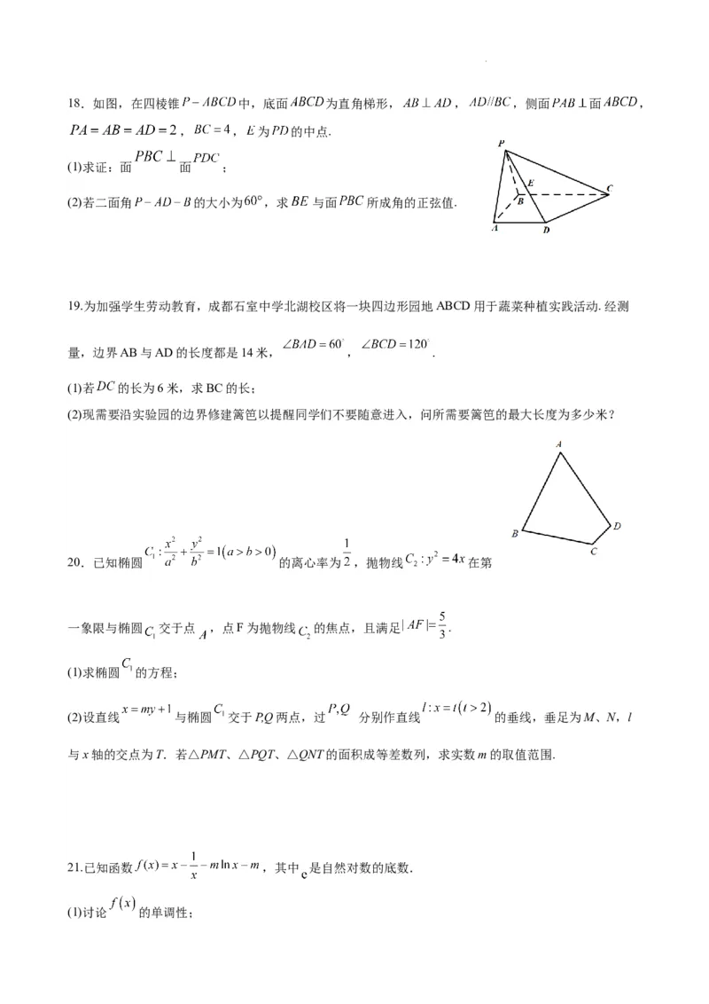 成都石室中学高2024届高三上期末考试数学试卷理_2024届四川省成都市石室中学高三上学期期末考试_四川省成都市石室中学2024届高三上学期期末考试理科数学