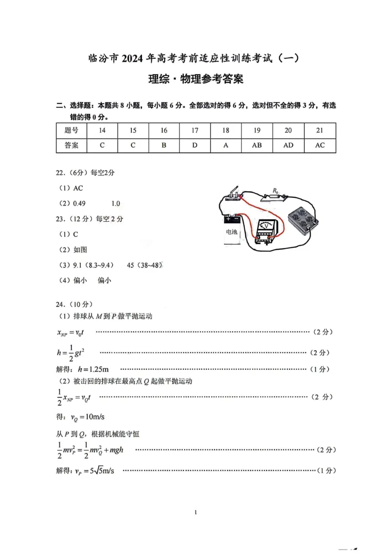 理综答案(1)_2024届山西省临汾市高考考前适应性训练考试(一)_2024届山西省临汾市高考考前适应性训练考试(一)理综