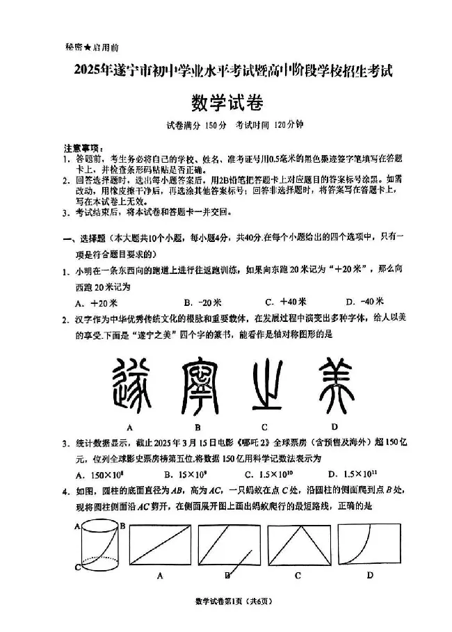 2025遂宁中考数学真题试卷_2025全国各地《中考真题试卷及答案》_2025遂宁中考真题及答案