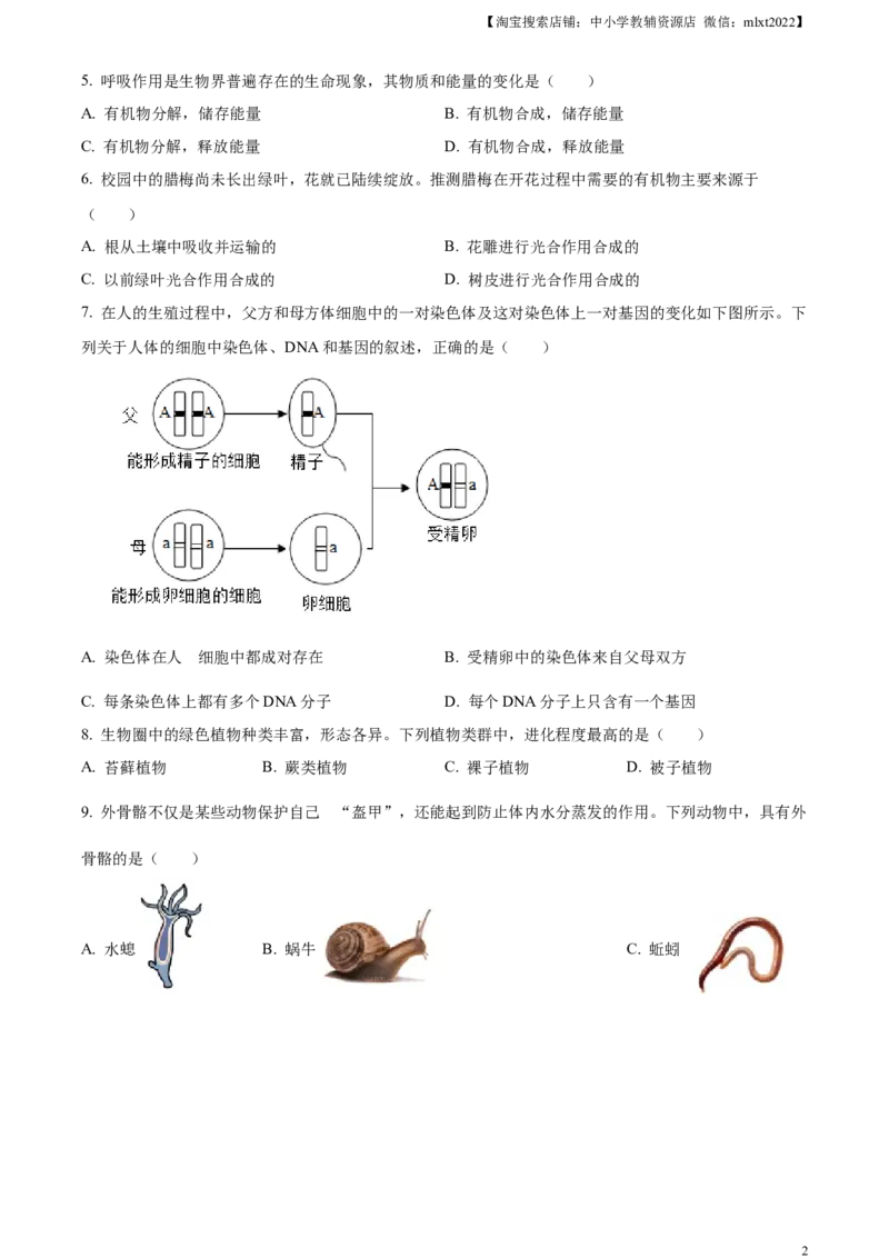 精品解析：2023年安徽省中考生物真题（原卷版）_中考真题_8.生物中考真题2015-2024年_2023年全国中考生物7.20_精品解析：2023年安徽省中考生物真题