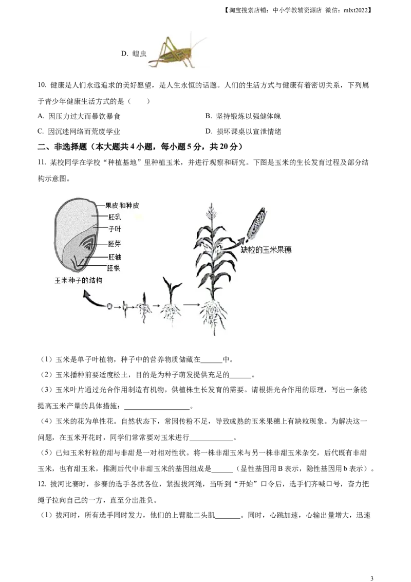 精品解析：2023年安徽省中考生物真题（原卷版）_中考真题_8.生物中考真题2015-2024年_2023年全国中考生物7.20_精品解析：2023年安徽省中考生物真题