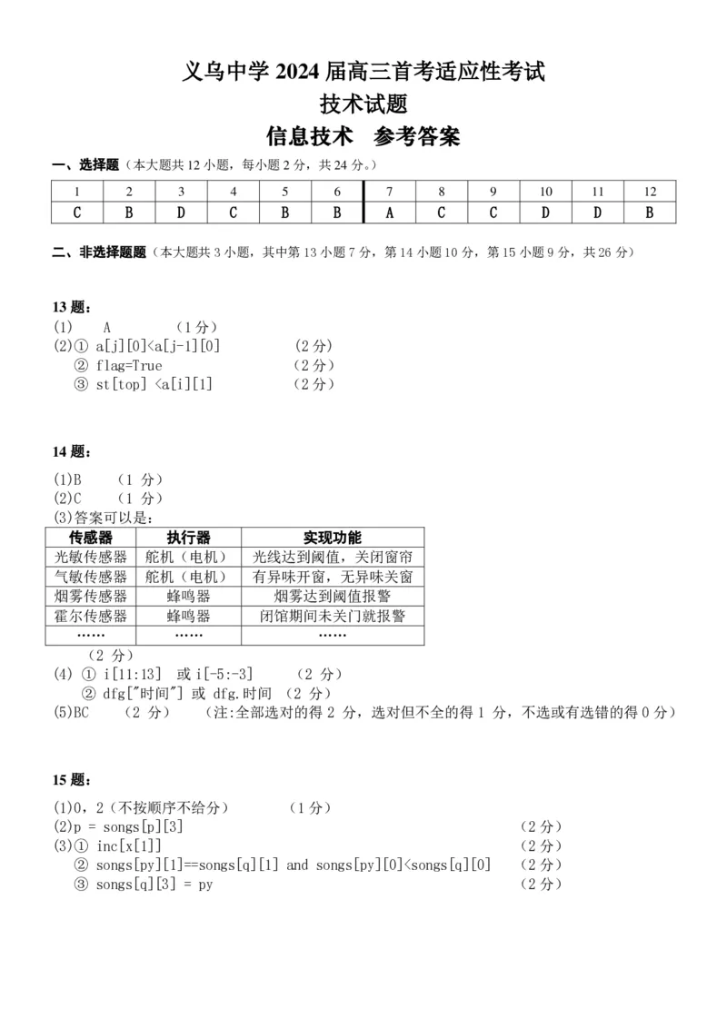 技术答案_2024届浙江省义乌中学高三上学期首考适应性考试_浙江省义乌中学2024届高三上学期首考适应性考试技术