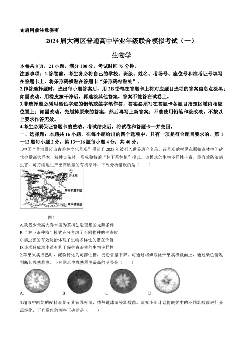 广东省大湾区2024届高三上学期联合模拟考试（一）生物_2024届广东省大湾区高三上学期联合模拟考试（一）
