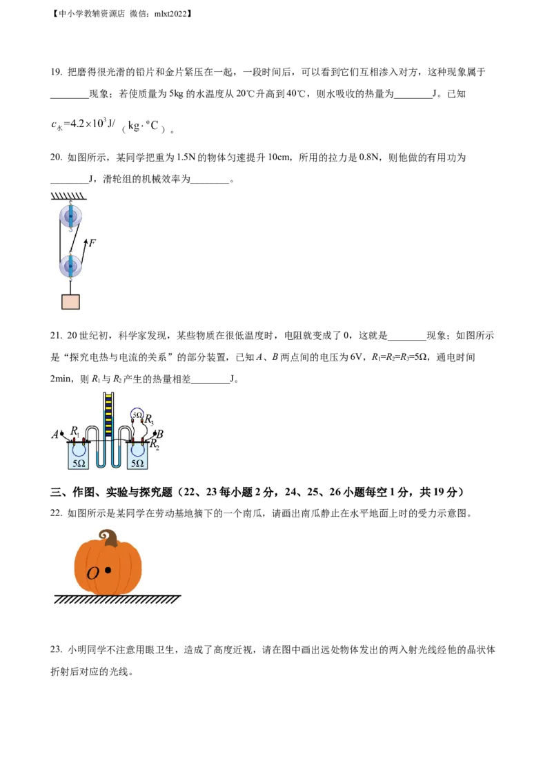 精品解析：2022年广西玉林市中考物理试题（原卷版）_中考真题_4.物理中考真题2015-2024年_2022中考物理真题128份14