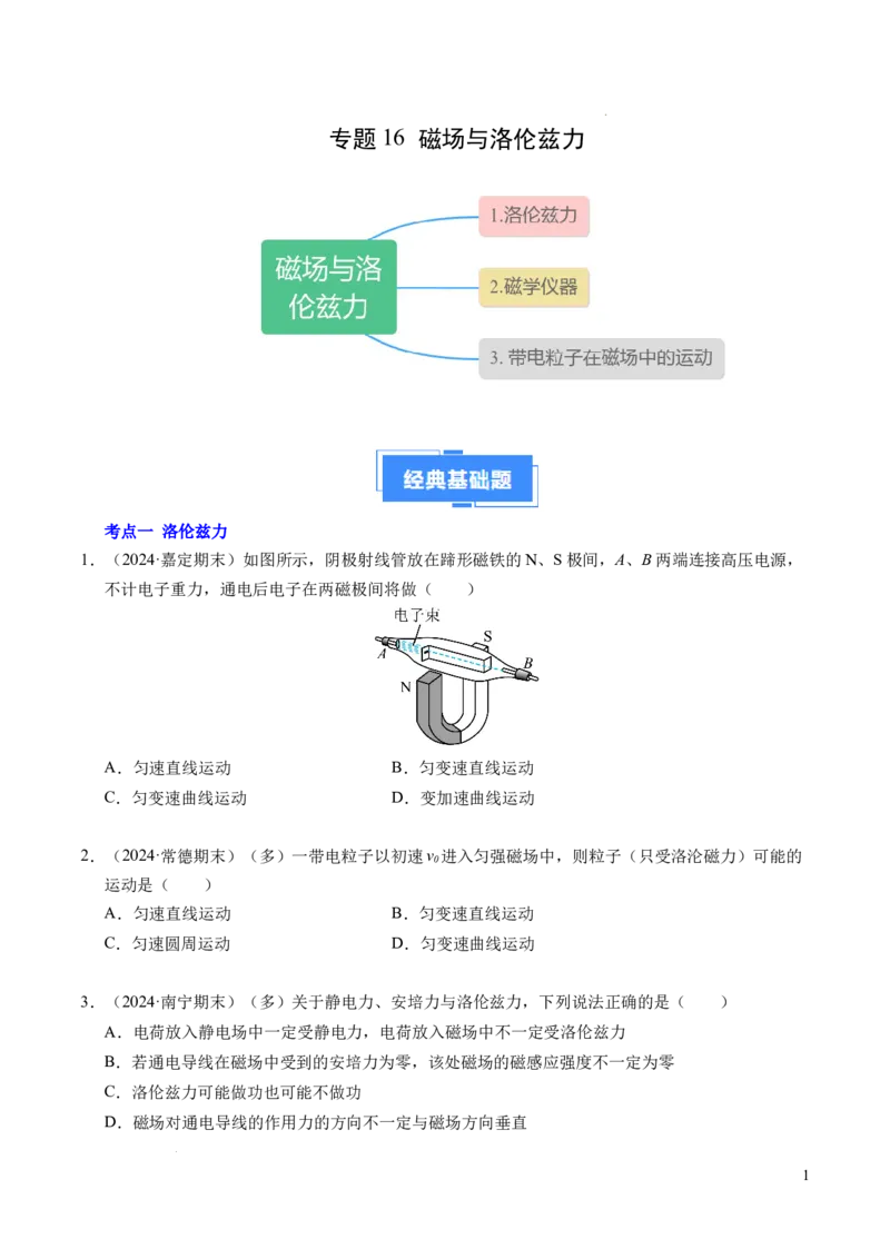 专题16磁场和洛伦兹力（新高考通用）（原卷版）(1)_1多考区联考_0109好题汇编备战2024-2025学年高二物理上学期期末真题分类汇编（新高考通用）