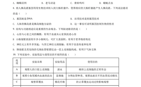 精品解析：2022年湖南省株洲市中考生物真题（原卷版）_中考真题_8.生物中考真题2015-2024年_2022年全国中考生物114份14