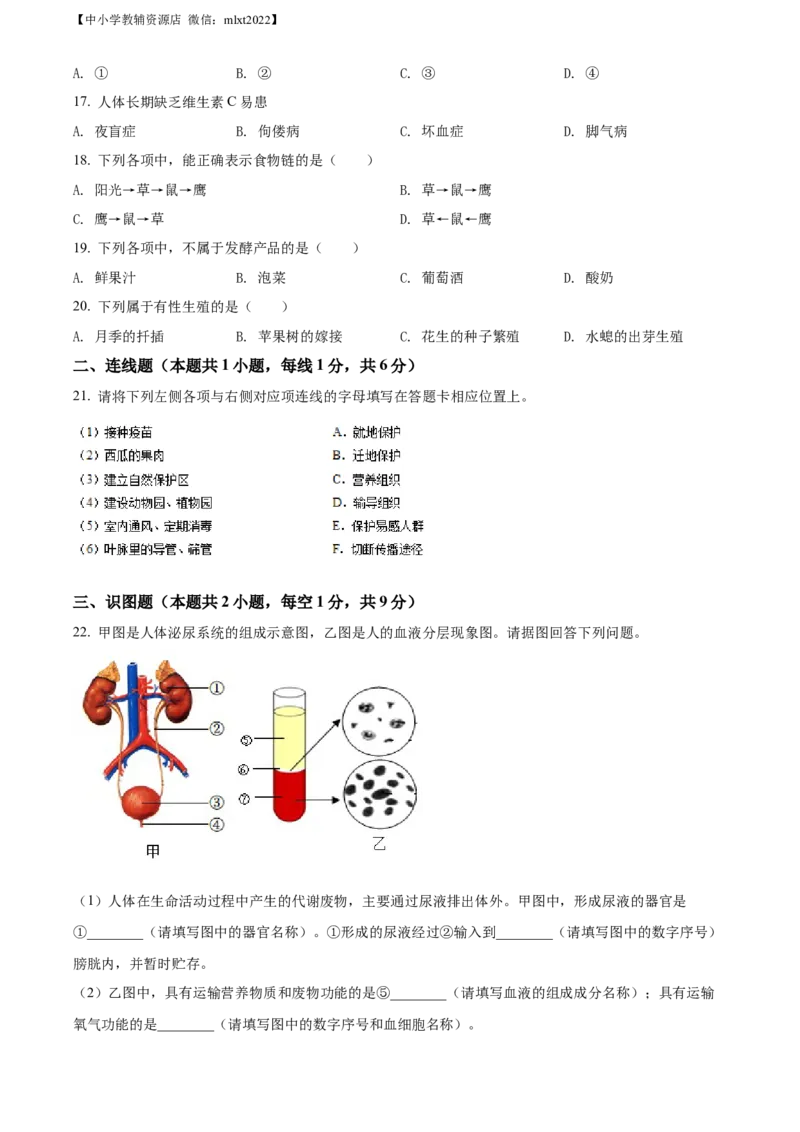 精品解析：2022年辽宁省沈阳市生物中考真题（原卷版）_中考真题_8.生物中考真题2015-2024年_2022年全国中考生物114份14