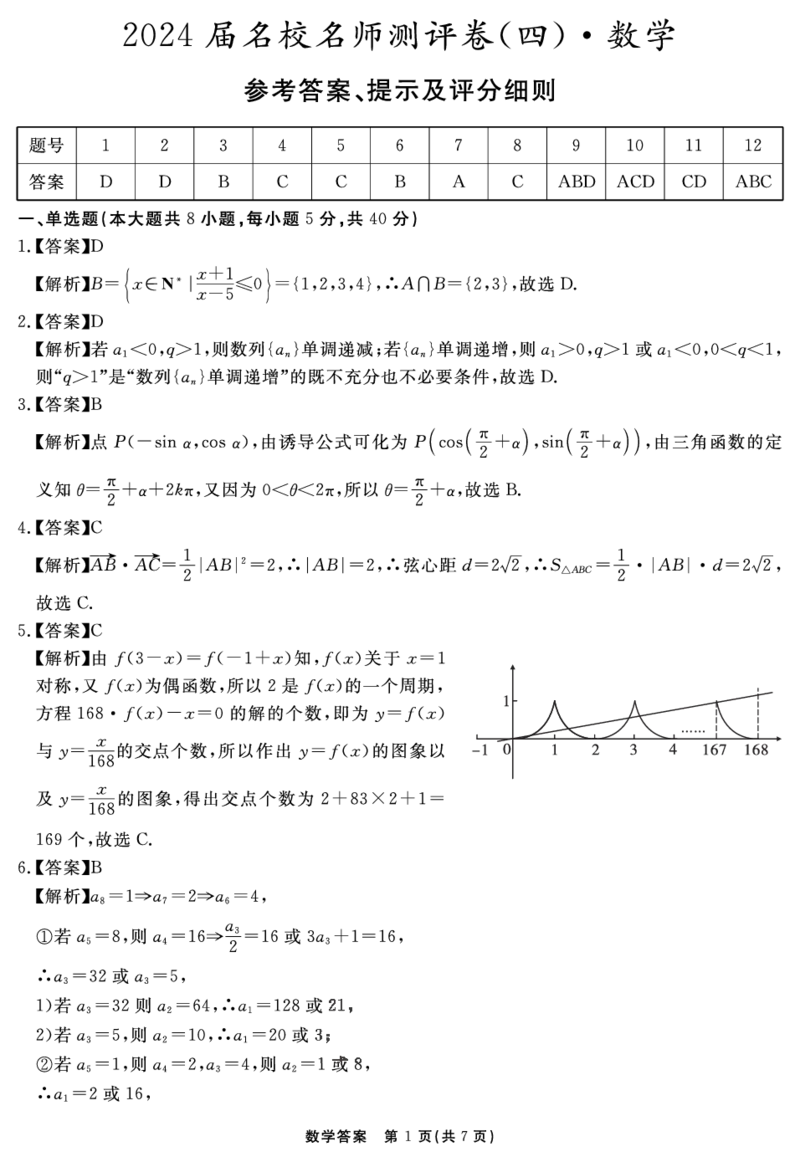 安徽省合肥一六八中学2023-2024学年高三上学期名校名师测评卷（四）数学答案_2024届安徽省合肥一六八中学高三上学期名校名师测评卷（四）