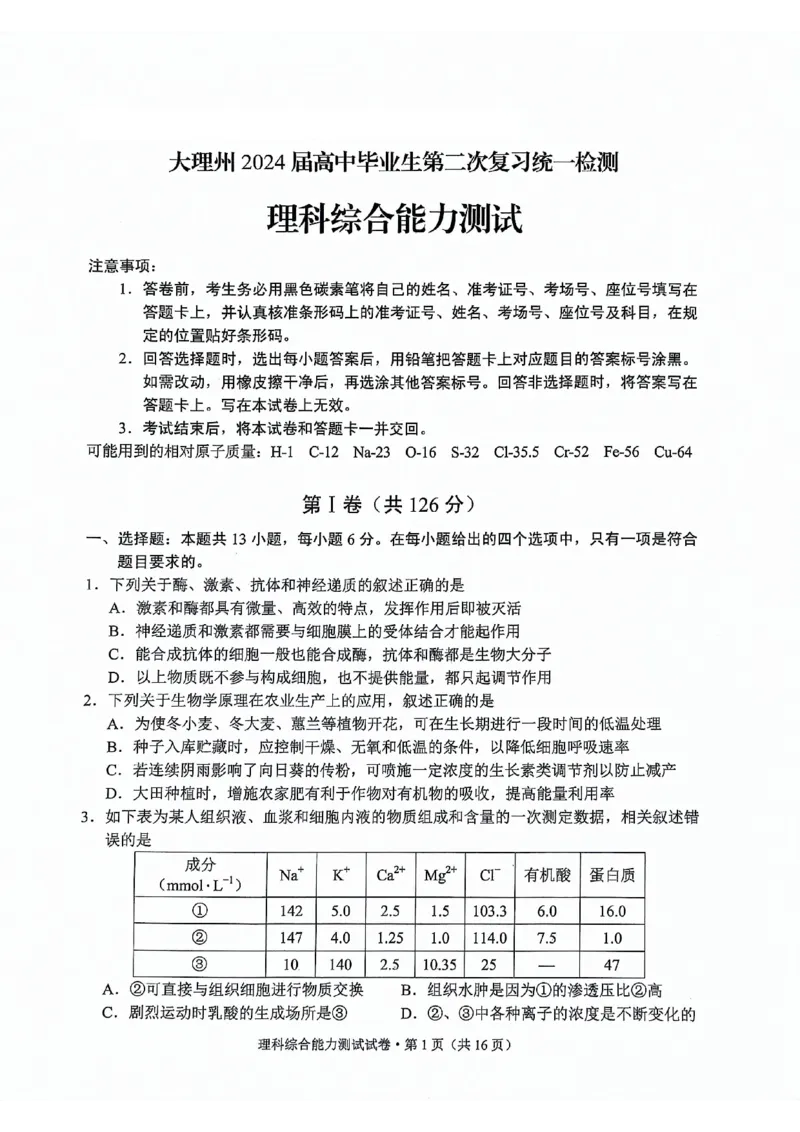 大理州2024届高中毕业生第二次复习统一检测&mdash;理科综合试卷_2024届云南省大理州高中毕业生第二次复习统一检测_云南省大理州2024届高中毕业生第二次复习统一检测理综