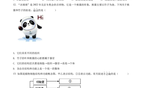 精品解析：2022年海南省中考生物真题（原卷版）_中考真题_8.生物中考真题2015-2024年_2022年全国中考生物114份14