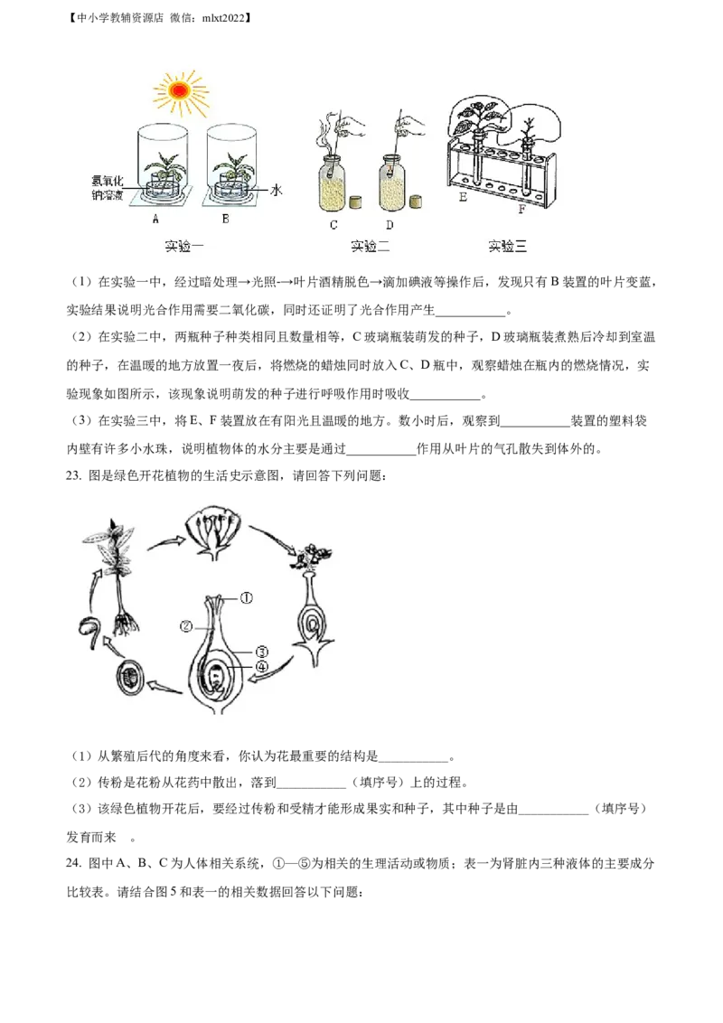 精品解析：2022年广西贵港市中考生物真题（原卷版）_中考真题_8.生物中考真题2015-2024年_2022年全国中考生物114份14