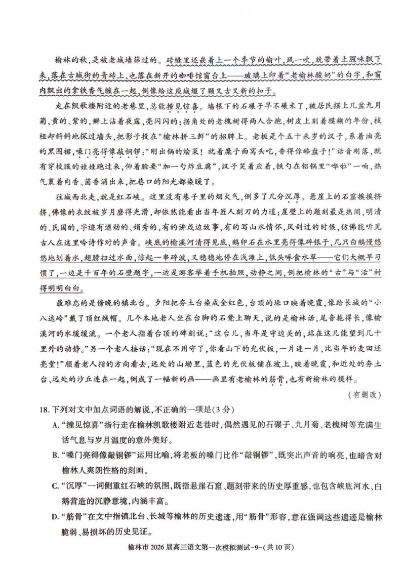 陕西省榆林市2026届高三上学期第一次模拟测试语文试卷（含解析）_251119陕西省榆林市2026届高三上学期第一次模拟测试（全科）