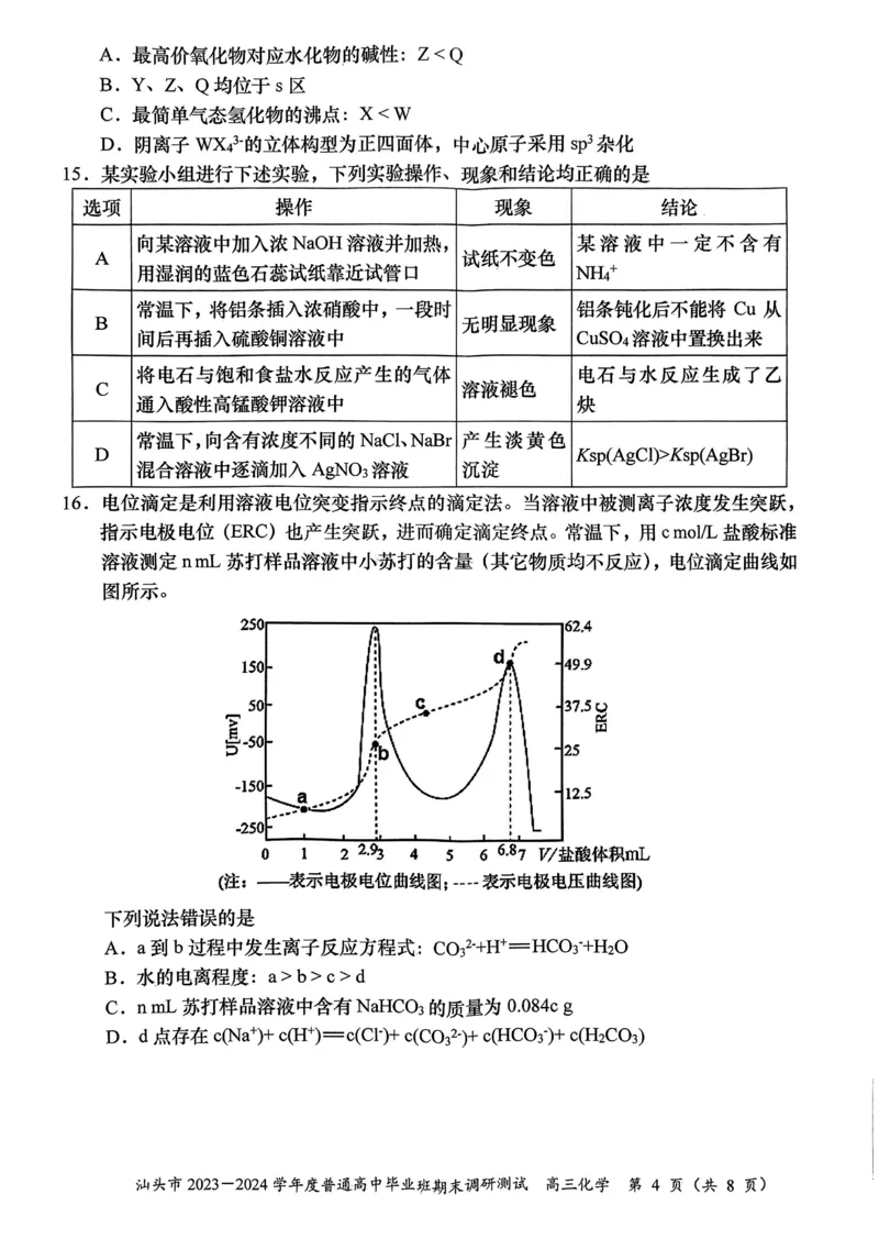 广东省汕头市2024届高三上学期期末考试化学_2024届广东省汕头市高三上学期期末考试