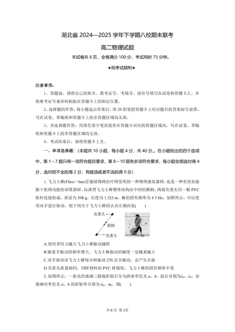 物理试题卷_2025年6月_250629湖北省八校联考2024-2025学年高二下学期6月期末（全科）_湖北省八校联考2024-2025学年高二下学期6月期末联考物理