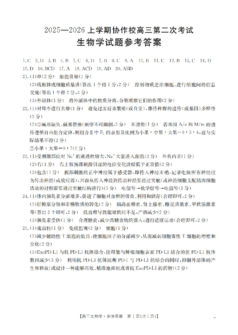 辽宁省葫芦岛市葫芦岛市、县2026届高三上学期协作校第二次考试（26-147C）生物答案_2025年12月_251214辽宁省葫芦岛市（县）2026届高三上学期协作校第二次考试（金太阳26-147C）（全科）