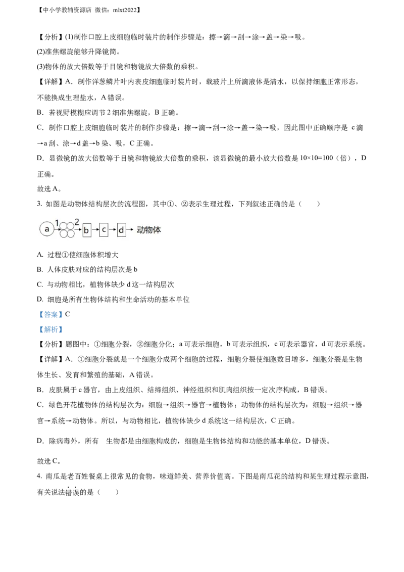 精品解析：2022年山东省滨州市中考生物真题（解析版）_中考真题_8.生物中考真题2015-2024年_2022年全国中考生物114份14