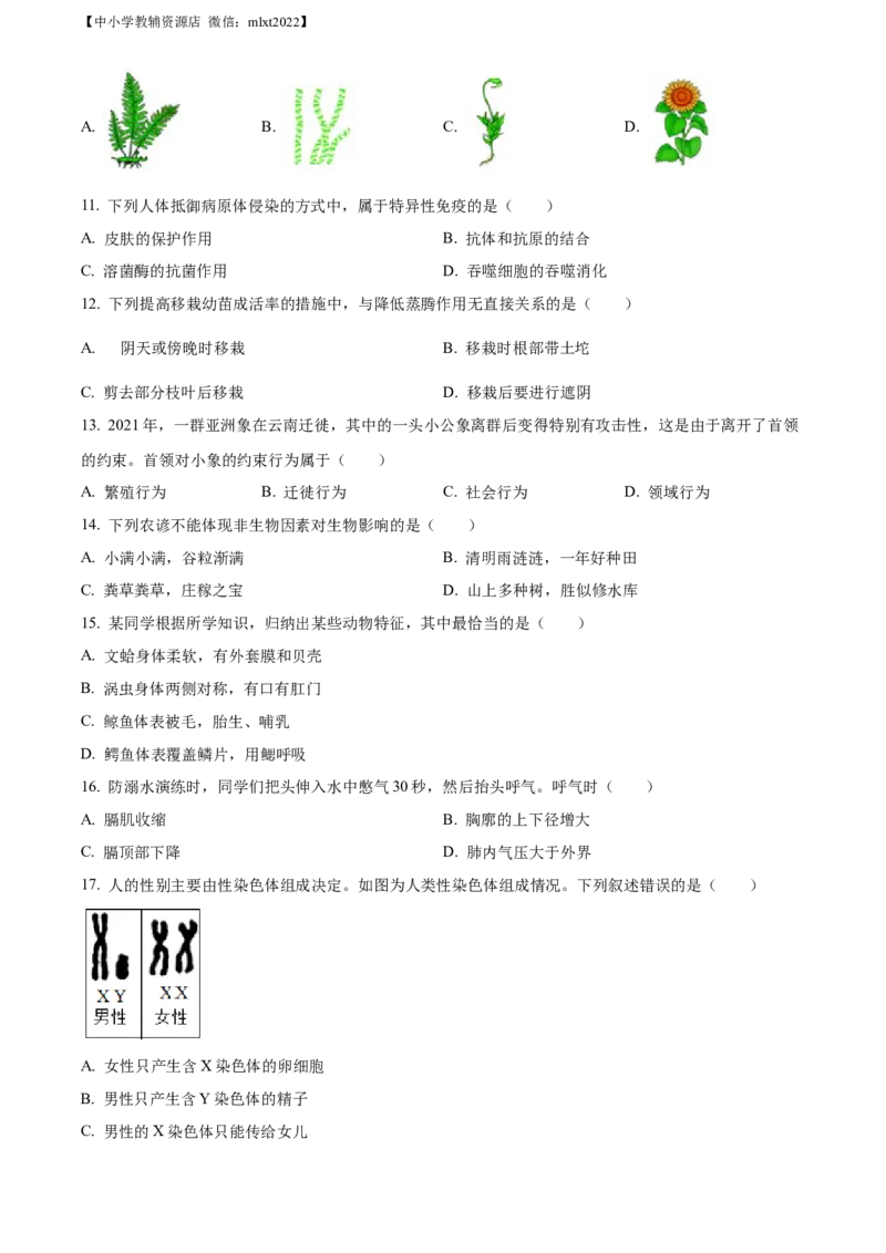 精品解析：2022年山东省日照市中考生物真题（原卷版）_中考真题_8.生物中考真题2015-2024年_2022年全国中考生物114份14