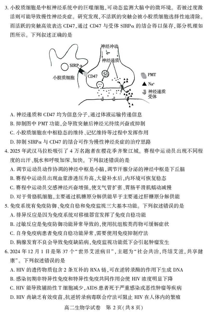 高二生物学_2025年7月_250715湖北省天门市2024-2025年7月高二期末统一调研测试（全科）