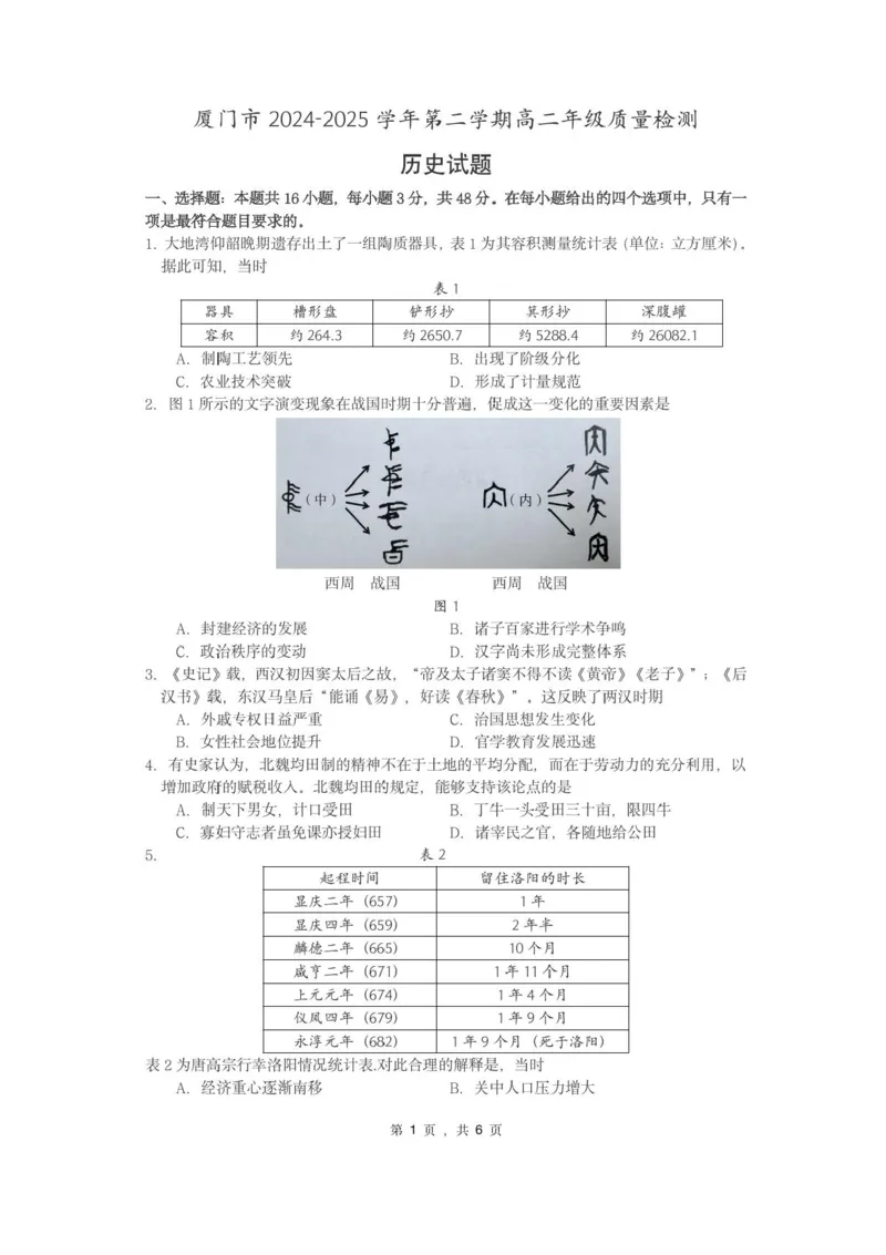 福建省厦门市2024-2025学年高二下学期期末质量检测历史试卷（含答案）_2025年7月_250711福建省厦门市2024-2025学年高二下学期期末质量检测（全科）