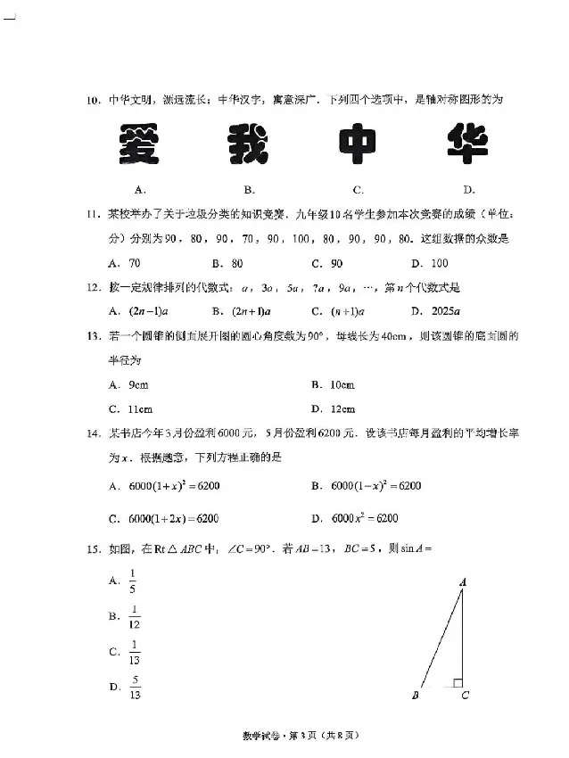 2025云南中考数学真题试卷_2025全国各地《中考真题试卷及答案》_2025云南中考真题及答案