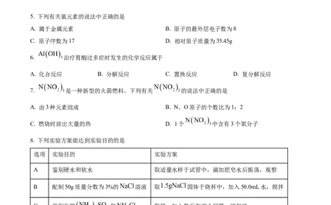 精品解析：2023年江苏省连云港市中考化学真题（原卷版）_中考真题_5.化学中考真题2015-2024年_2023年中考化学真题7.20_精品解析：2023年江苏省连云港市中考化学真题