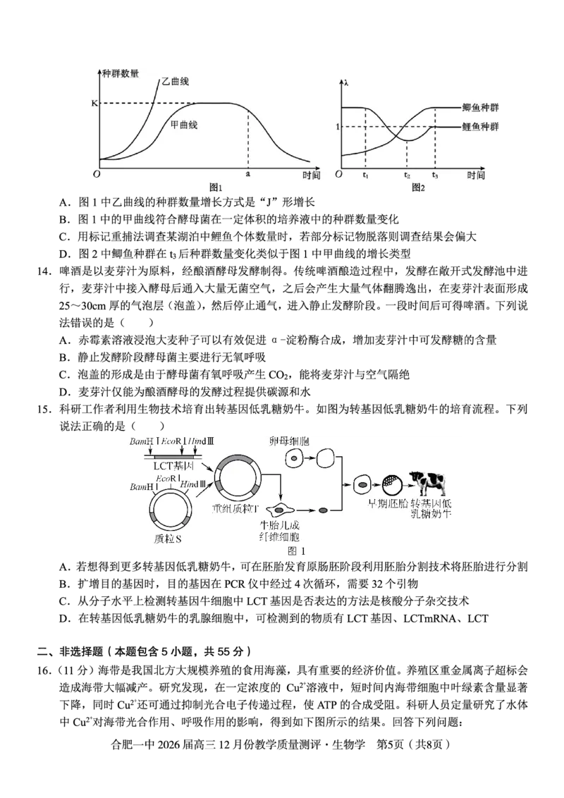 生物试题_2025年12月_251212安徽合肥一中2026届高三12月份教学质量测评（全科）_合肥一中12月份教学质量测评生物