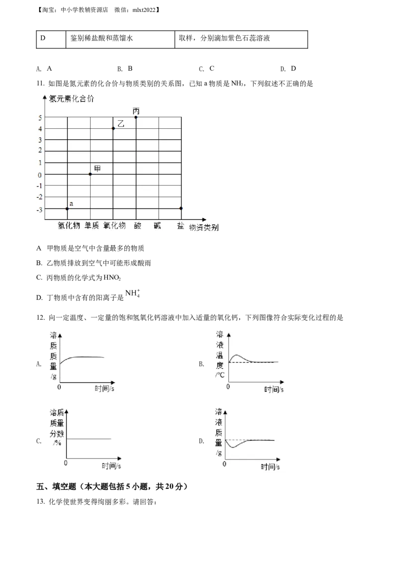 精品解析：2022年湖北省荆州市中考化学真题（原卷版）_中考真题_5.化学中考真题2015-2024年_2022年中考化学真题（127份）14