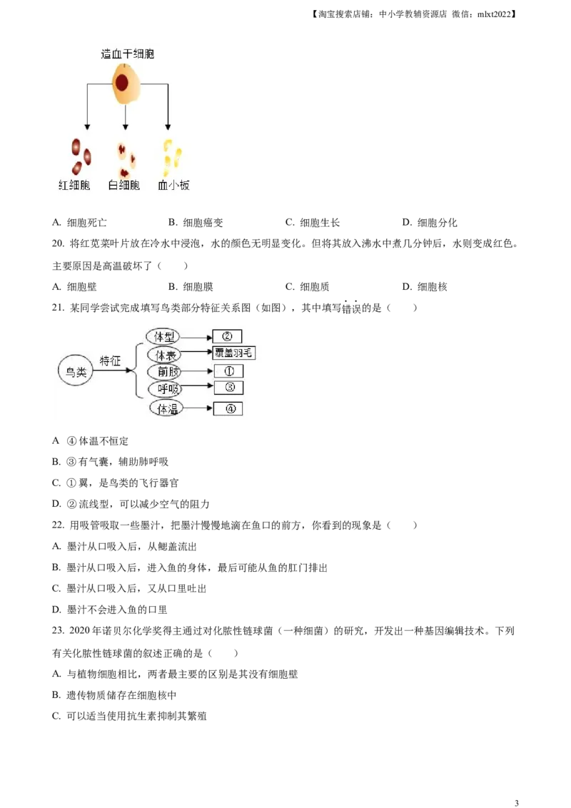精品解析：2023年江苏省无锡市学考生物真题（原卷版）_中考真题_8.生物中考真题2015-2024年_2023年全国中考生物7.20_精品解析：2023年江苏省无锡市学考生物真题