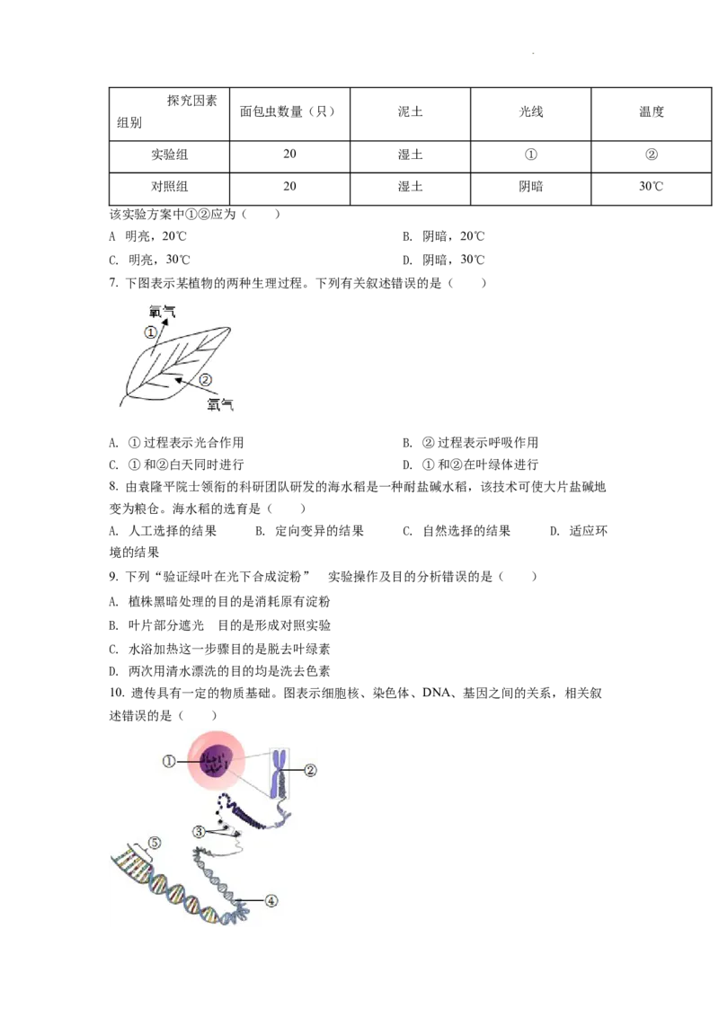 精品解析：2022年四川省遂宁市中考生物真题（原卷版）_中考真题_8.生物中考真题2015-2024年_2022年全国中考生物114份14