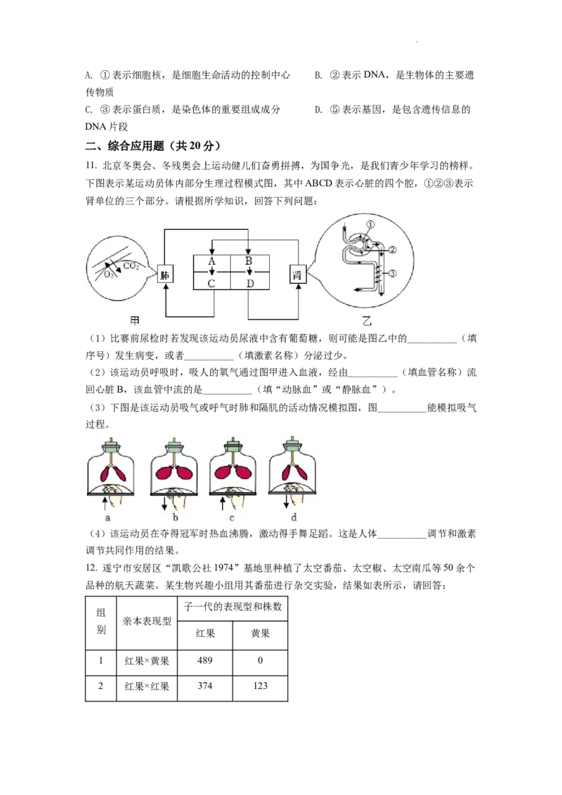 精品解析：2022年四川省遂宁市中考生物真题（原卷版）_中考真题_8.生物中考真题2015-2024年_2022年全国中考生物114份14
