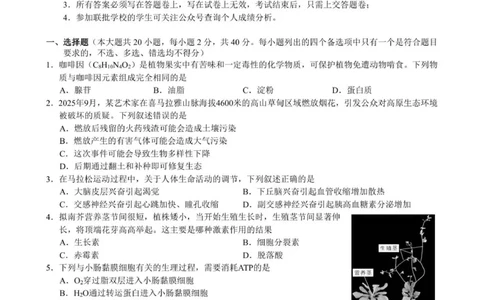 高三生物试卷_2025年12月_251206浙江县域教研联盟2025学年第一学期12月高三模拟考试（全科）_浙江县域教研联盟2025学年第一学期12月高三模拟考试生物