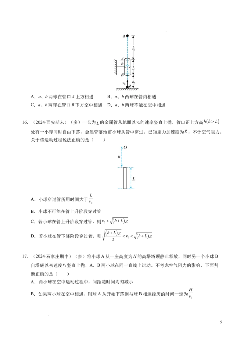 专题05自由落体运动和抛体运动（新高考通用）（原卷版）_1多考区联考试卷_0108好题汇编备战2024-2025学年高一物理上学期期末真题分类汇编（新高考通用）