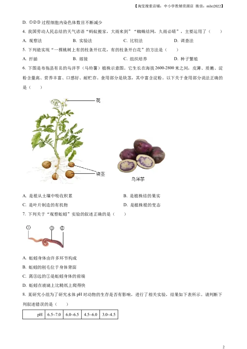 精品解析：2023年四川省凉山彝族自治州中考生物真题（原卷版）(1)_中考真题_8.生物中考真题2015-2024年_2023年全国中考生物7.20_精品解析：2023年四川省凉山彝族自治州中考生物真题