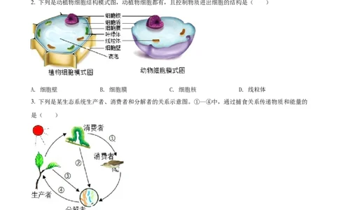 精品解析：2022年安徽省中考生物真题（原卷版）_中考真题_8.生物中考真题2015-2024年_2022年全国中考生物114份14