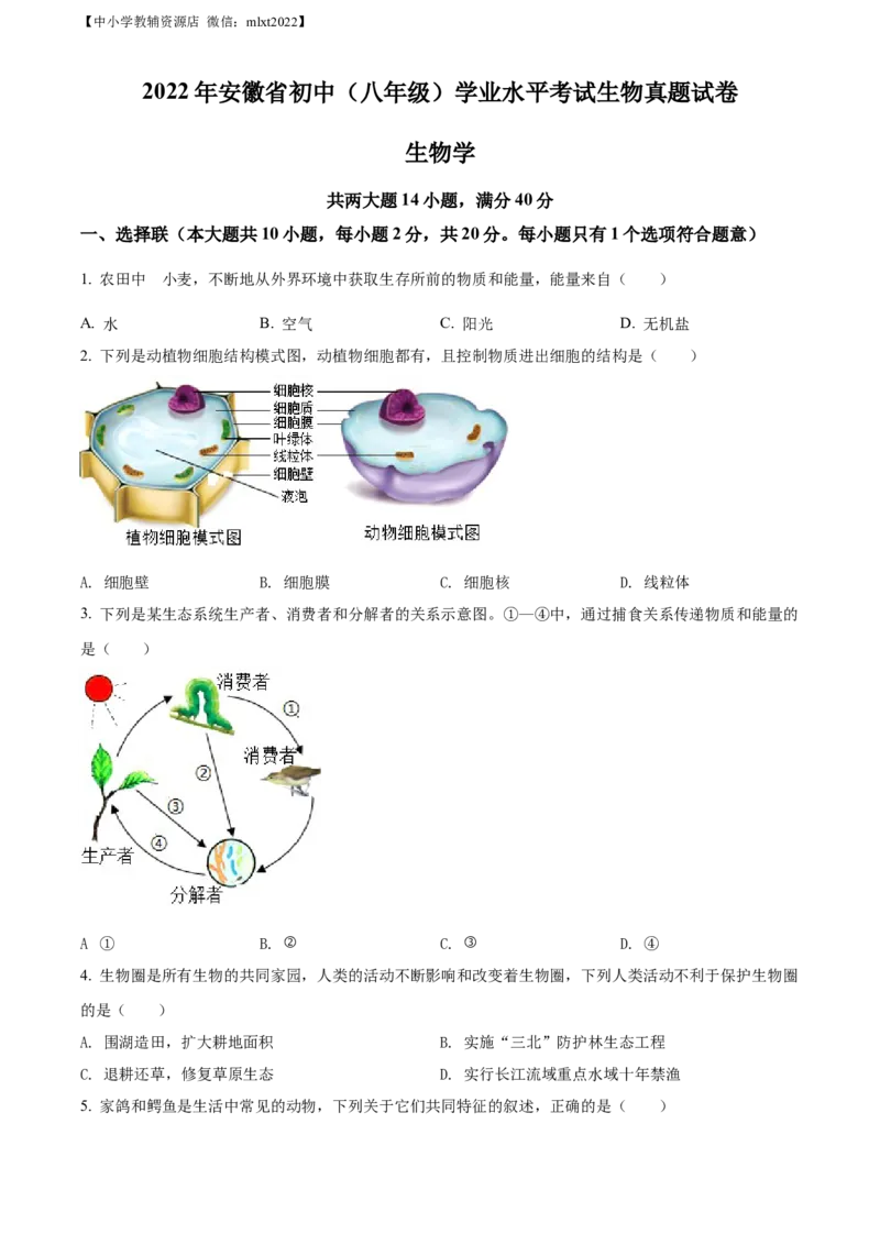 精品解析：2022年安徽省中考生物真题（原卷版）_中考真题_8.生物中考真题2015-2024年_2022年全国中考生物114份14