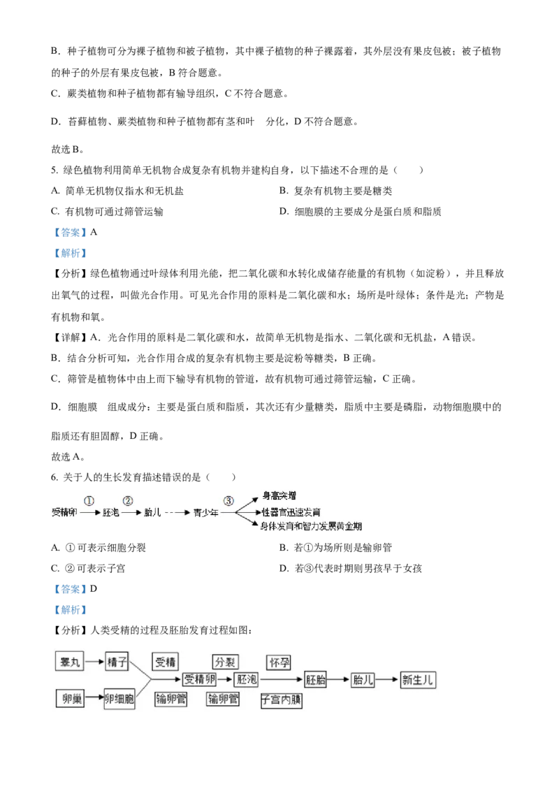 精品解析：2022年湖南省岳阳市中考生物真题（解析版）_中考真题_8.生物中考真题2015-2024年_2022年全国中考生物114份14