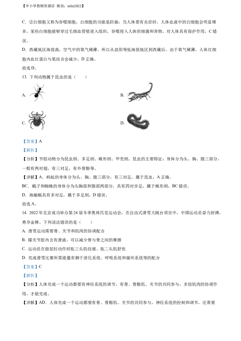 精品解析：2022年湖南省益阳市中考生物真题（解析版）_中考真题_8.生物中考真题2015-2024年_2022年全国中考生物114份14